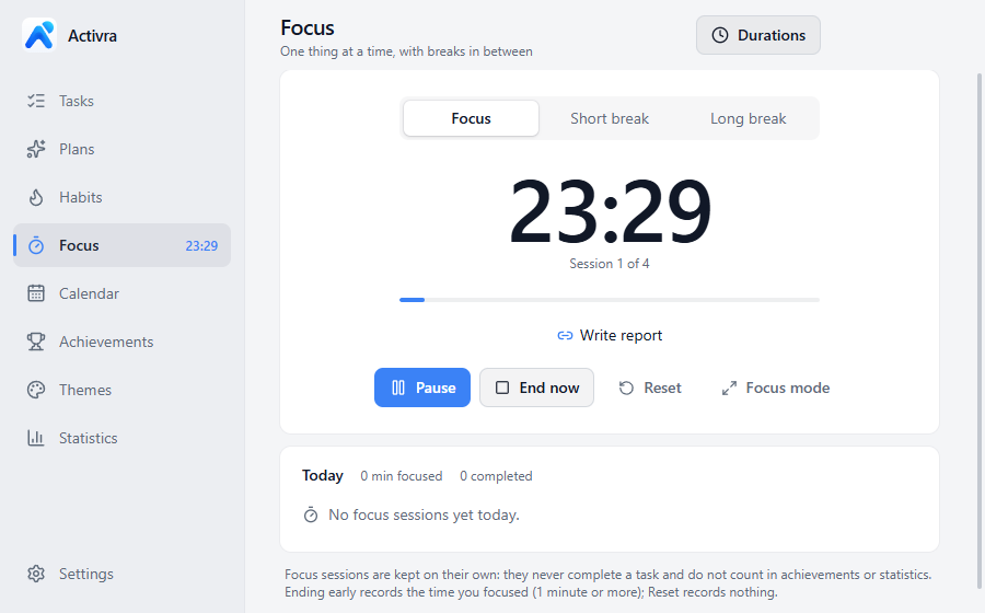 Activra English focus timer screenshot with example session data.