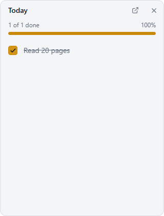 Actual English light-theme Activra Today widget with a completed synthetic task.